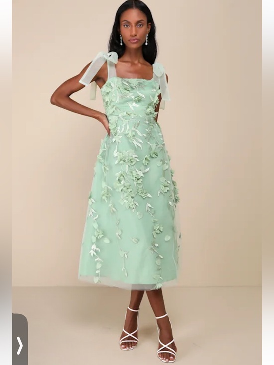 Lulus Dresses & Skirts - NWT Lulus Effortlessly Sweet Sage Tulle 3D Floral Tie-Strap Midi Dress